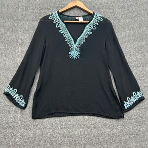 Itsu Silk Top Size 4 Long Sleeve Blouse Beaded Sequin Black Blue Grandma Coastal